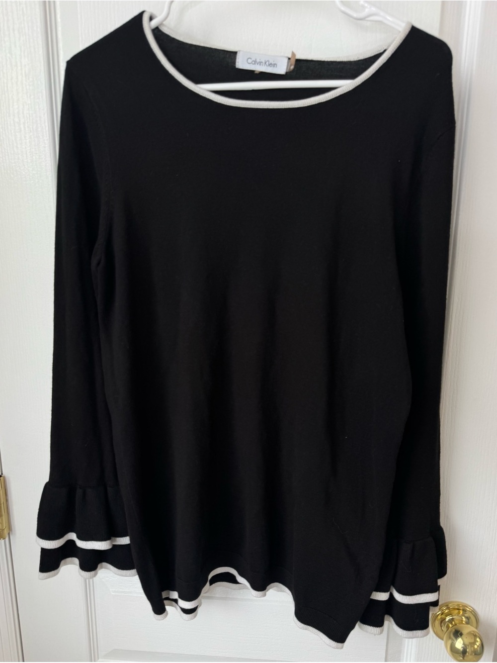 Calvin Klein Black Long Sleeve Top with White Trim Accents